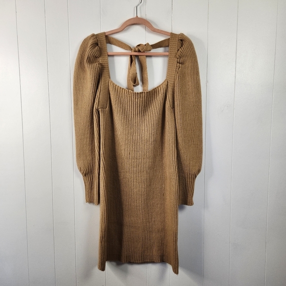 WAYF Leland Camel Long Puff Sleeve Bodycon Mini Ribbed Sweater Dress Size Medium - Picture 3 of 11